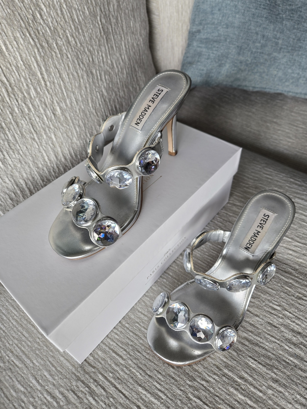 Steve Madden Silver Crystal-Embellished Stiletto Slide Sandals